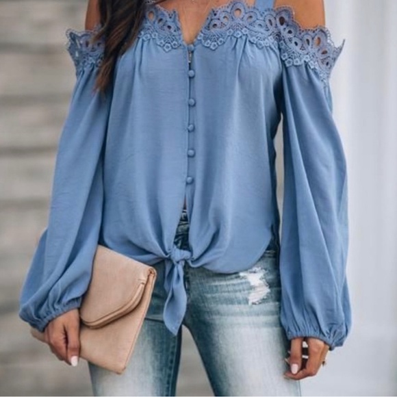 VICI  Blake Lace Cold Shoulder Tie Blouse / Medium - Picture 6 of 7